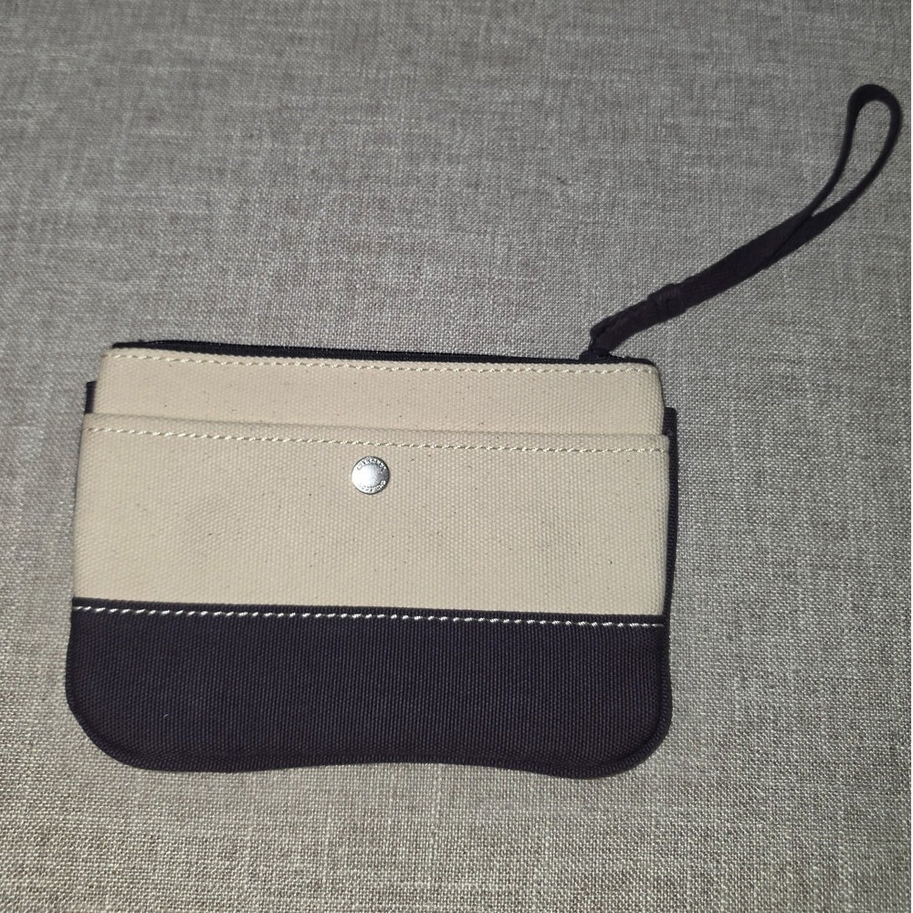 Lands End Canvas Wristlet Pouch Navy Blue Cream Zippered Clutch Bag RN 62830